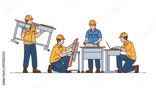 Crafting Spaces: A team of diligent workers meticulously assembling school furniture, highlighting the process of creating functional learning environments.