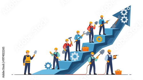 Building Success: A team of dedicated workers collaboratively ascends a staircase of progress, symbolizing the steady climb towards achievement. Each step signifies a new level of accomplishment.