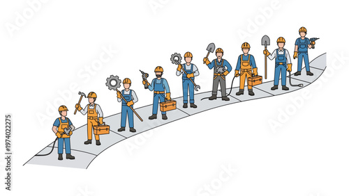 Builders on the Path to Progress: A group of skilled workers, each armed with essential tools of their trade, marches forward along a pathway representing the journey of construction and industry