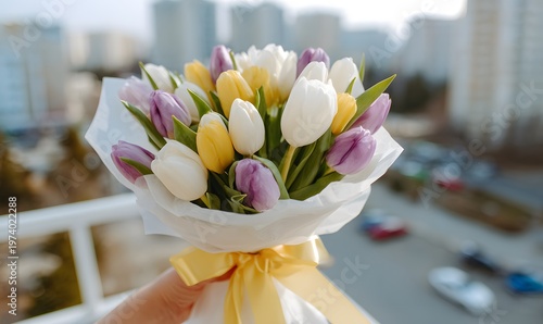 A small bouquet of 30 white, light purple, and yellow tulips, wrapped in white paper and tied with a yellow satin ribbon