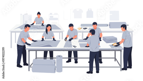 Team of Textile Workers in Production: Capturing the coordinated efforts of textile workers as they meticulously cut and arrange fabric. 