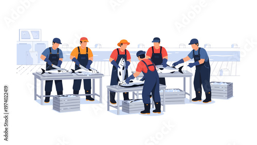 Seafood Processing Team: Illustration of individuals meticulously engaged in seafood processing, working on tables to prepare and package fish within an industrial setting.