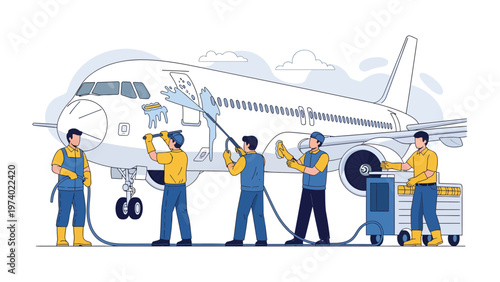 Airplane Cleaning Crew: An illustration capturing a skilled crew meticulously cleaning an airplane, ensuring its pristine appearance.