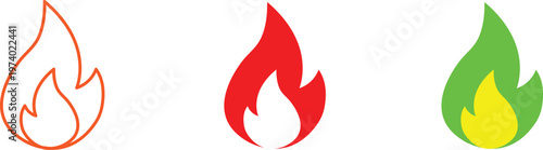 Three colorful flame icons in orange red and green with white background
