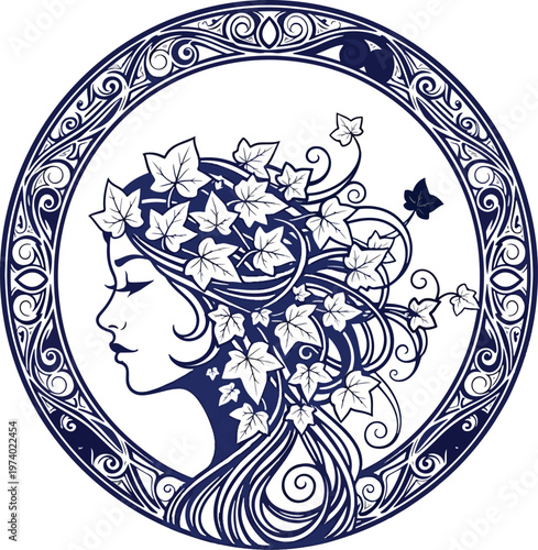 Elegant Nature Spirit Portrait: Woman with Foliage Hair in Ornate Frame Vector Illustration
