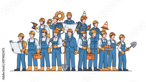 Construction Crew Illustration: A determined crew of construction workers, united in their trade, stands ready with their essential tools and blueprints. Depicting a scene of industry and cooperation.