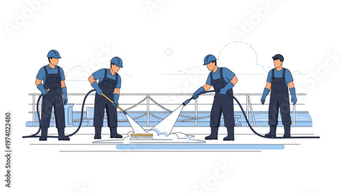 Workers Cleaning: A group of diligent workers engage in the task of cleaning, utilizing their tools and expertise to maintain cleanliness.