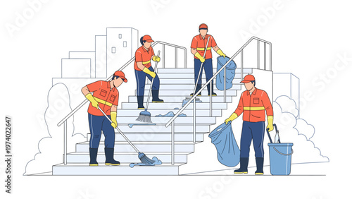Cleaning Crew at Work: A team of dedicated maintenance workers diligently cleans the steps in a public area, demonstrating their commitment to hygiene and tidiness.