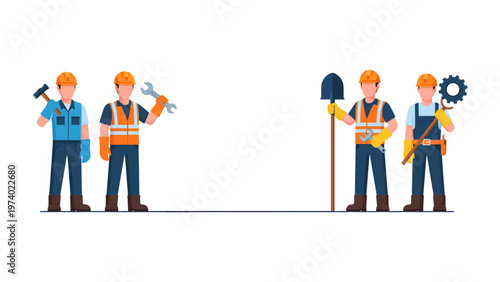Craftsmen Team with Tools in hands: a collaborative group of skilled craftsman, with tools such as wrenches, shovels, gear, and hammers. demonstrating precision and dedication.
