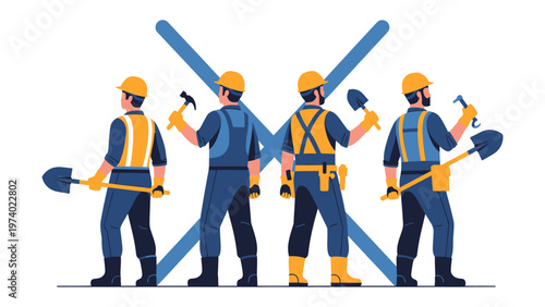 Construction Crew Silhouette: A team of construction workers stand united, their silhouettes a testament to hard work and determination, their tools held high, a symbol of their trade.