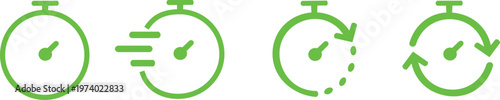 Green stopwatch icons in various motion and time measurement states for business and technology concepts  various green stopwatch icons on white background