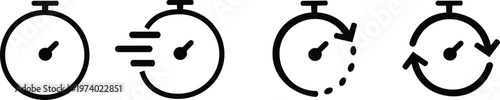 Stopwatch icons with different motion effects and arrows on white background  various timer symbols for time measurement and speed indication