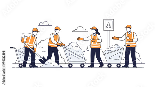 Teamwork in Winter: A group of road maintenance personnel diligently clear snow, ensuring safe passage during winter.