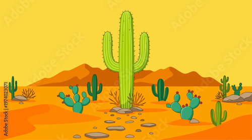 Saguaro Cactus Desert Landscape Flat Design