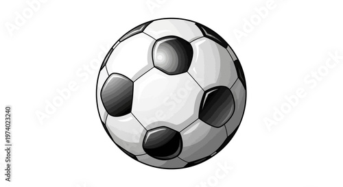 Detailed soccer ball illustration with a classic black and white pattern, depicted with subtle shading and texture, set against a pristine white background in a clean, graphic design style