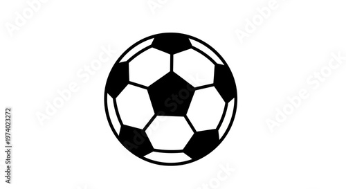 Clean vector illustration of a traditional black and white soccer ball, rendered in a minimalist style with crisp lines and flat design, set against a stark white background for maximum