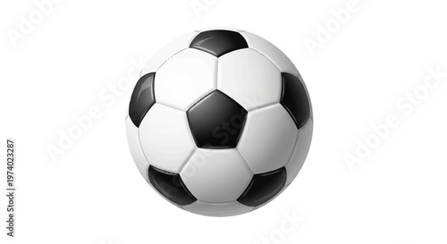 Detailed graphic illustration of a soccer ball, showcasing a classic black and white pattern with a clean, minimalist presentation against a stark white backdrop, creating a modern