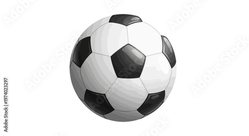 A classic soccer ball, rendered as a detailed vector illustration, displays a traditional pattern of black pentagons and white hexagons against a clean white background, showcasing a simple