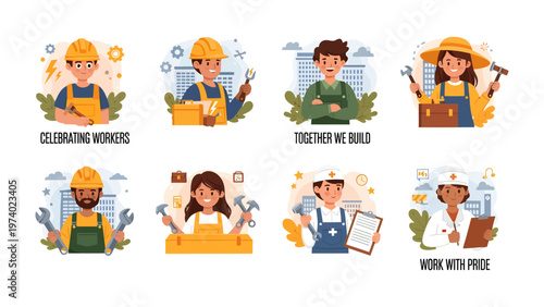 Celebrating Labor: A vibrant montage of diverse workers across various professions, united by their dedication, skill, and commitment to their crafts. The image celebrates the essence of labor.