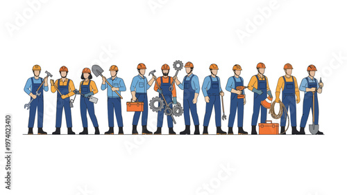 Diverse Team of Workers: A group of skilled workers, each holding a variety of tools, stand united, ready to tackle any project with determination. Representing different roles.