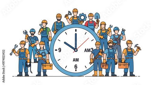 Construction Crew's Timely Task: A skilled construction crew gathers around a giant clock, each member holding a tool.