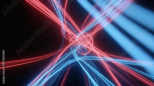 Abstract swirling lines of red and blue light create a dynamic tunnel effect against a dark background