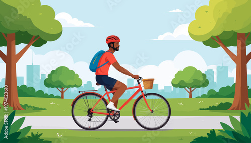 Man rides bicycle on path through city park with trees and buildings