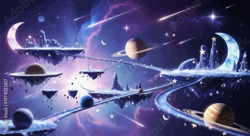 Surreal cosmic landscape with planets stars and celestial bodies in a vibrant purple and blue galaxy with multiple moons and a bright light source