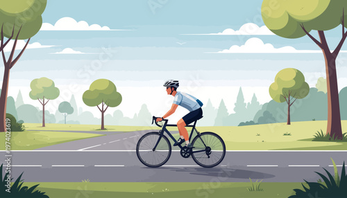 A cyclist rides quickly along a tree-lined road in a sunny park landscape.