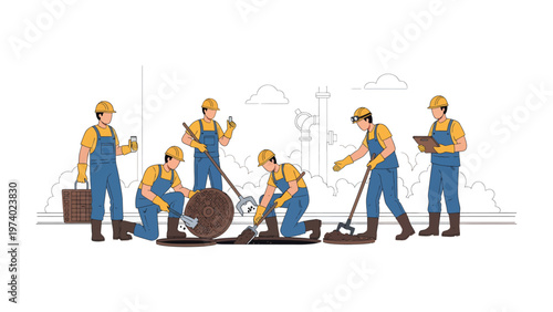 Essential Teamwork: A dedicated team of utility workers meticulously carries out essential infrastructure maintenance. Their focused efforts ensure the seamless functionality of vital city services.