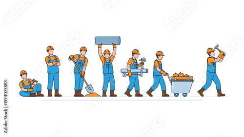 Construction worker's progression: Illustrative scene of a construction worker engaged in various tasks. A worker is showing the different stages of the construction process.
