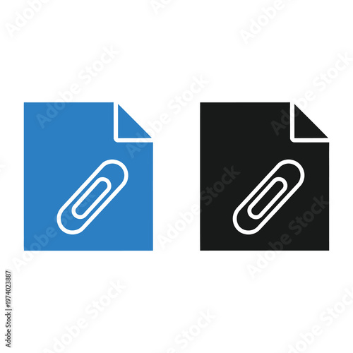 Blue and black file icons with paperclip symbol on white background icon