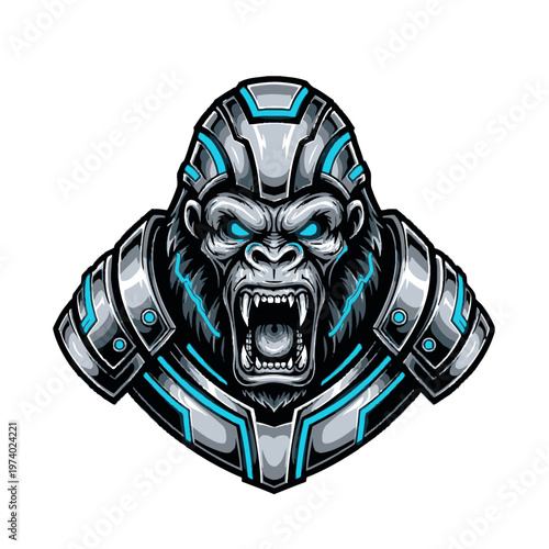 Robotic gorilla head with glowing blue eyes and mouth open in a fierce expression futuristic cyborg primate illustration