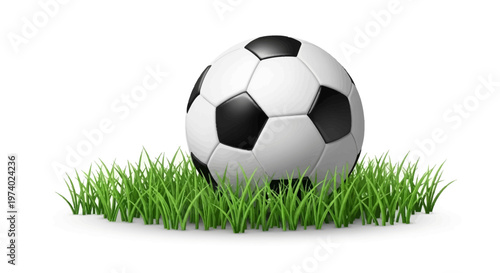 A realistic-style vector illustration depicting a classic soccer ball sitting on a patch of vibrant green grass, set against a clean white background with soft shadows