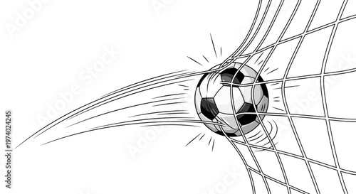 Dynamic monochrome illustration showing a soccer ball hitting the net with motion blur against a plain white background, creating a sense of speed and impact in a flat, graphic style