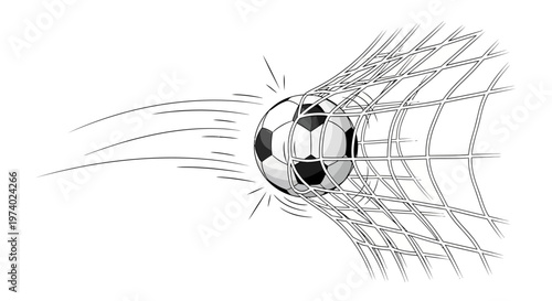 A monochrome graphic illustration of a soccer ball flying into a net with motion lines, isolated against a plain white background, creating a dynamic and energetic feel with a clean