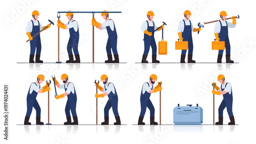 Construction Worker in Action: An illustrative depiction showcases the diverse tasks and tools of a construction worker. Each scene captures precision and dedication of the profession.