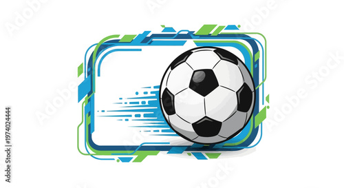 A graphic soccer ball illustration sits within a modern frame on a clean white backdrop, the detailed vector design featuring geometric accents in blue and green, creating a dynamic