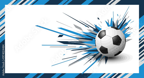 Dynamic illustration featuring a realistic soccer ball exploding with blue and gray shards against a clean white background, creating a sense of motion and energy in a modern graphic