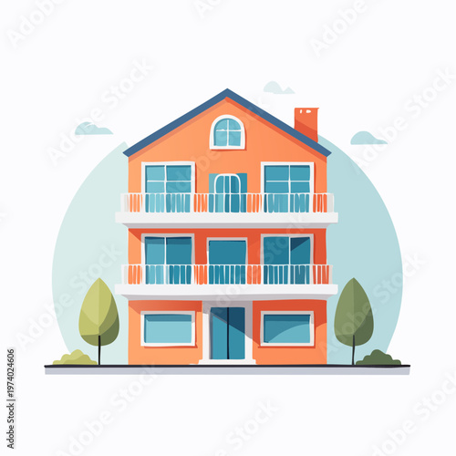 Modern multi-story apartment building illustration with balconies and trees, representing contemporary urban housing architecture