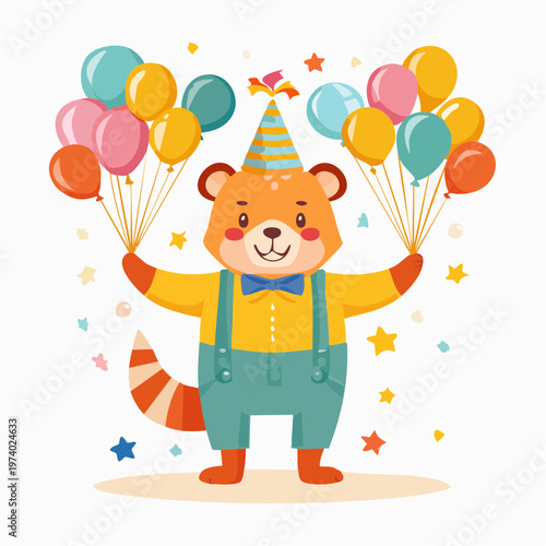 Cute red panda character wearing a bowtie and suspenders, holding balloons for a party celebration