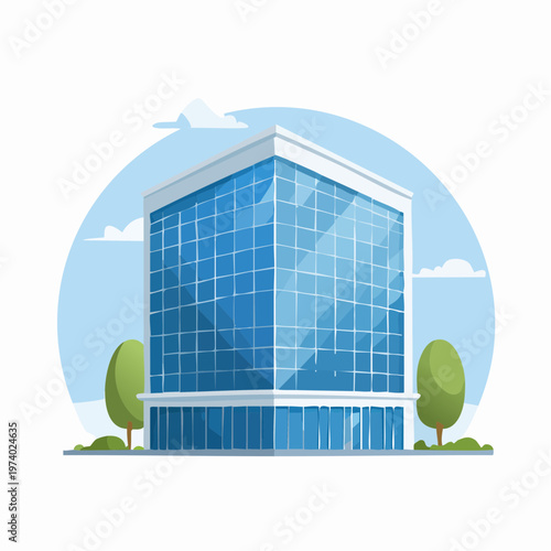 Clean, modern blue glass office building illustration, representing contemporary business architecture