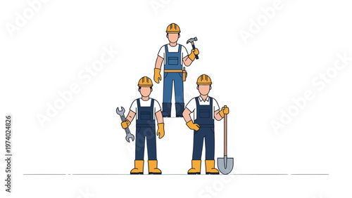Construction Crew's Collective: Three construction workers, each holding essential tools of their trade, stand ready to tackle the day's tasks.