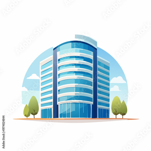 Contemporary Office Building Illustration Modern Corporate Architecture with Blue Glass Facade and Urban Landscape