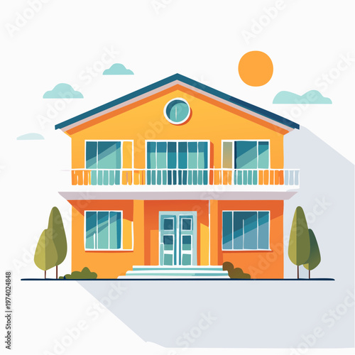 Vibrant two-story residential house illustration with modern design elements, ideal for real estate and home living concepts