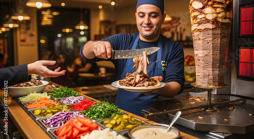 Chef preparing a traditional meat wrap at a busy food stall at night