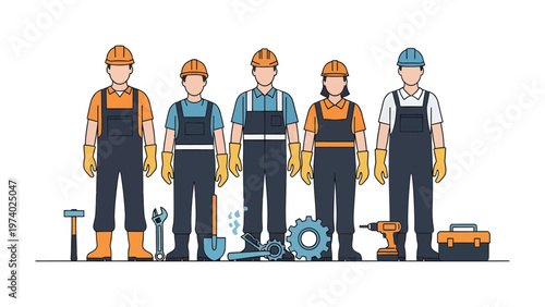 Construction Crew: A team of skilled construction workers stand united, poised for action, as they prepare to build the future with determination. Their tools lie ready.