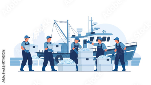 Fishing Industry Logistics: A depiction of a busy harbor scene showcasing the efficient process of loading fresh catches from fishing boat to dock.