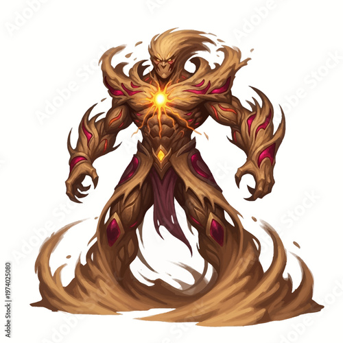 Fantasy creature with glowing yellow power and red accents on a white background