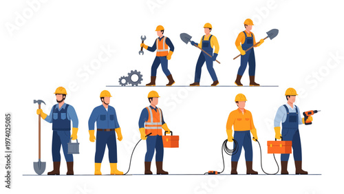 Constructing Progress: An illustration showcasing a group of diligent construction workers, each poised with tools representing a symbol of skilled labor and meticulous craftsmanship.
